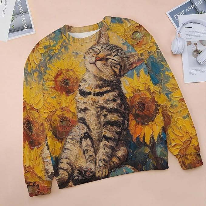 Long Sleeve Shirts for Women Cat Oil Painting Shirt 3D Graphic Sweatshirts Fall Pullover Crewneck Vintage Boho Tops