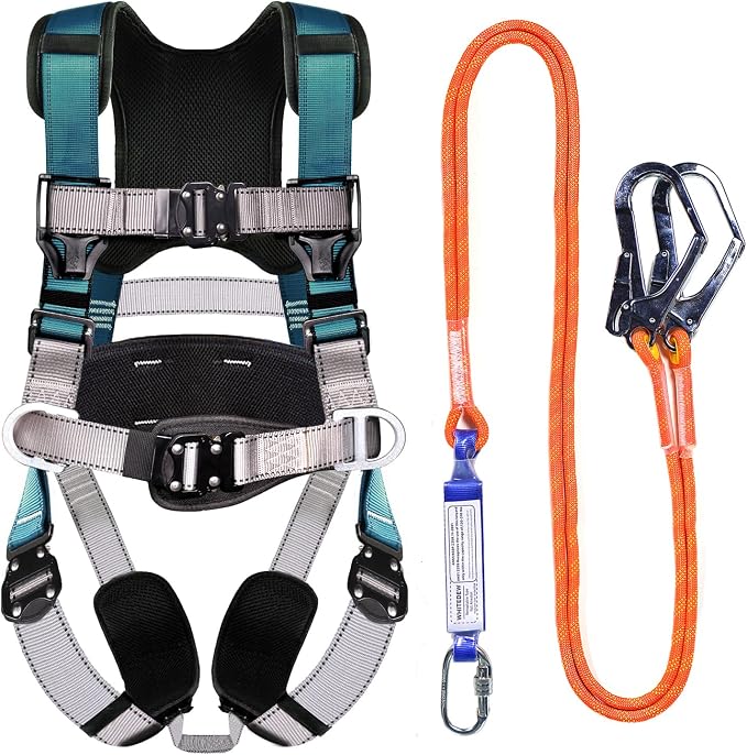 Fall Protection Premium Safety Harness with Shock Absorbing Lanyard, Vented & Padded Shoulder, Legs & Back - Upgrade 4 Quick Buckles (Dark Green)
