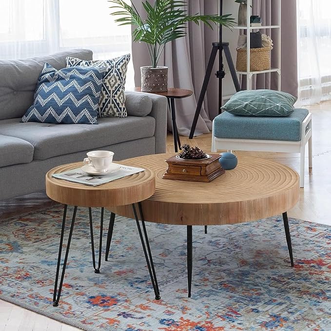 RUSTOWN Farmhouse Round Coffee Table Set of 2, Helical Ring Cocktail Table Set, Modern Circle Natural Wood Finsh Side and End Table Sets for Living Room, Natural
