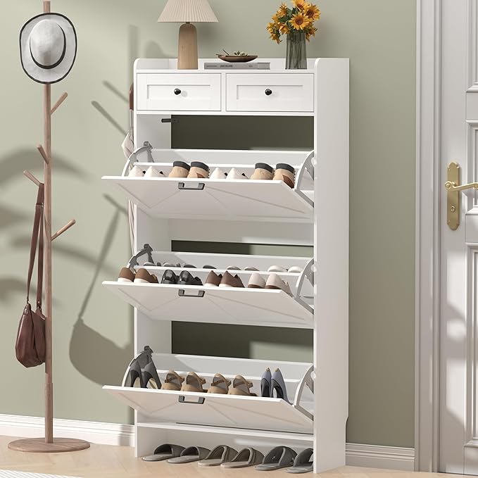 Shoe Cabinet with 3 Flip Drawers & 2 Storage Drawers, Rustic Farmhouse Narrow