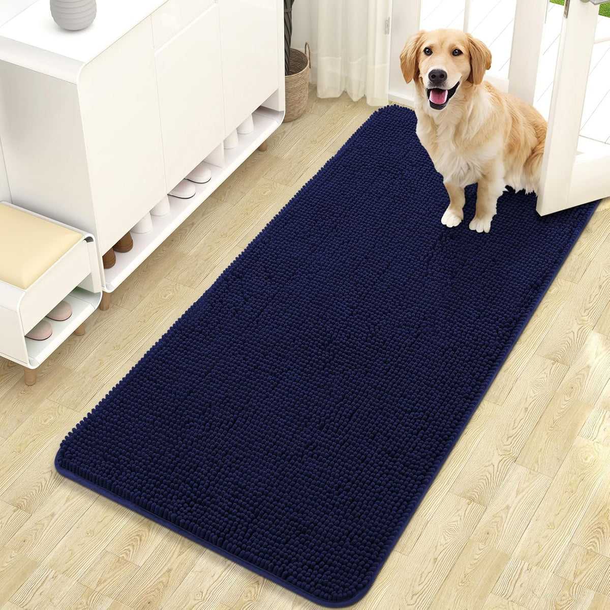 OLANLY Dog Door Mat for Muddy Paws 47x24, Absorbs Moisture and Dirt, Absorbent Non-Slip Washable Doormat, Quick Dry Chenille Mud Mat for Dogs, Entry Indoor Entryway Carpet for Inside Floor, Navy Blue