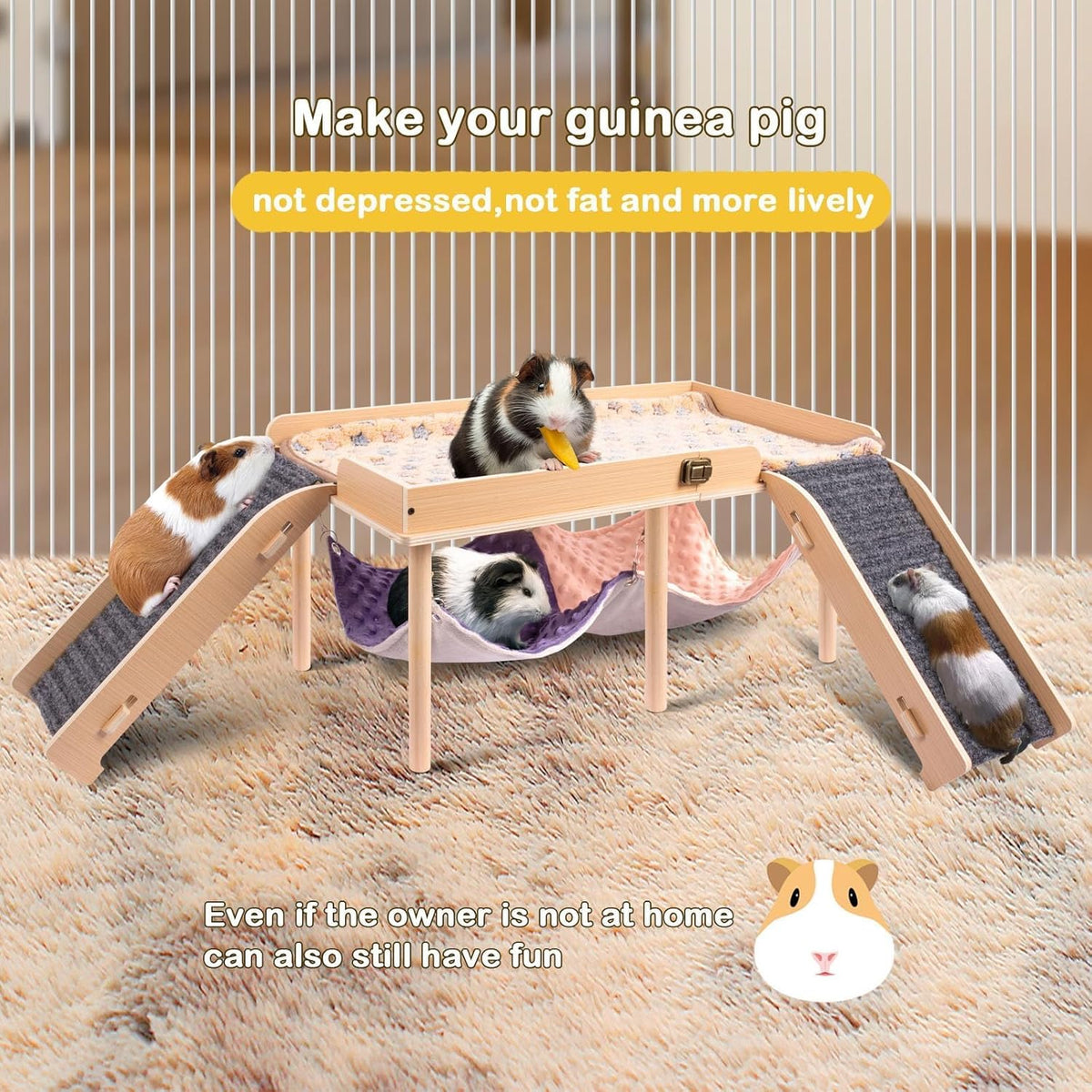 Enlarged Guinea Pig Hammock with Platform and Stairs,Wooden Foldable Piggies Hideout for Guinea Pigs Bunny Ferret Hamster Hiding Sleeping Activities 24L x 12W x 11H in（Double）