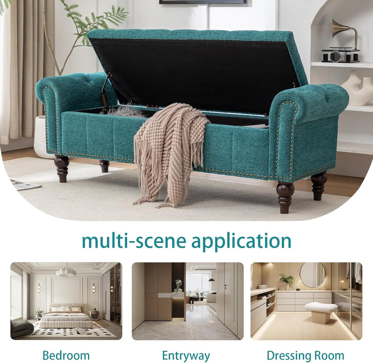 58’’ Storage Bench for Bedroom, Upholstered Button-Tufted Ottoman with Solid Wood Legs, Queen Size End of Bed Shoe Cabinet, Window Seat Foot Rest Stool for Entryway, Living Room (Teal)