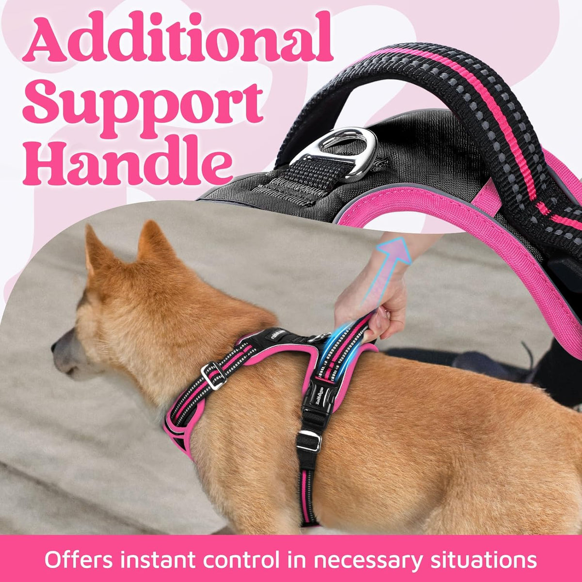 rabbitgoo Dog Harness for Large Dogs, No Pull Pet Vest with 3 Buckles, Adjustable Soft Padded Pet Harness with Easy Control Handle and Reflective Strips, Black & Rose Pink, L