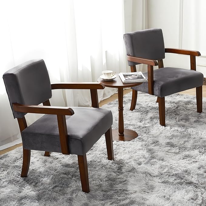 Accent Chair Set of 2 with Table, Living Room Chairs with VelvetSoft Seat and Armrests for Living Room Bedroom Reading Room Waiting Room (Greyvelvet)