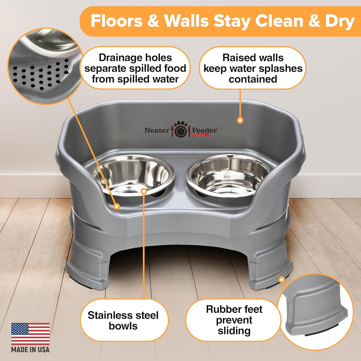 Neater Feeder Deluxe Mess Proof Dog Bowls Elevated for Small Breeds – Made in USA – No Spill Raised Dog Food Bowl Stand w/Leg Extensions – Stainless Steel Dog Food and Water Bowl Set – Grey