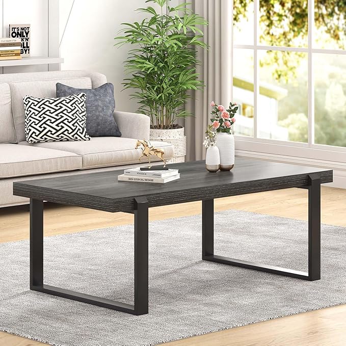 FOLUBAN Industrial Coffee Table, Rustic Wood and Metal Center Table, Modern Rectangle Cocktail Tea Table for Living Room, Dark Gray, 47 Inch