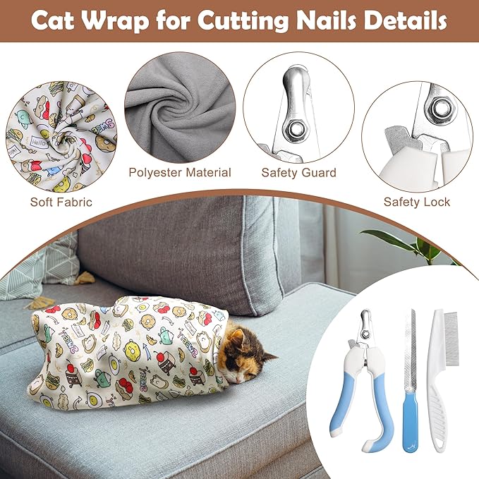 21.6 Inches Cat Wrap for Cutting Nails, Self-Adhesive Restraint Cloth for Cats Multifunctional Cat Grooming Wrap with Pet Nail Clipper, File and Pet Hairbrush