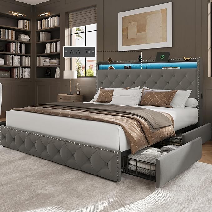 LARMACE King Bed Frame with 4 Storage Drawers and USB Charging Station Velvet Tufed Upholstered Platform Bed Frame with Headboard LED Light, Heavy Duty Platform/Noise Free, Easy Assembly, Grey