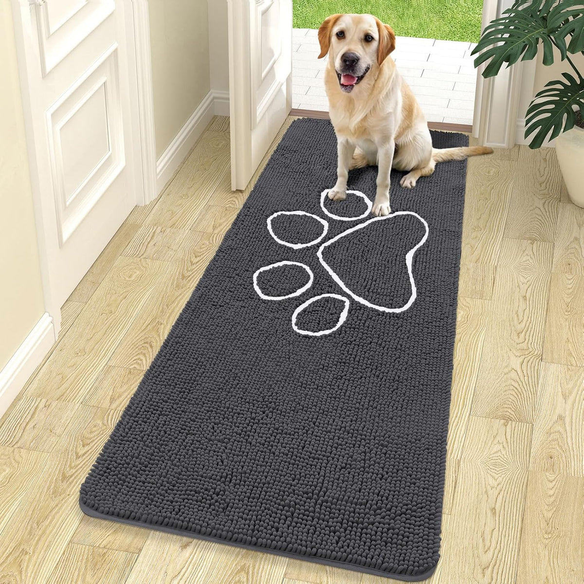 OLANLY Door Mat for Muddy Dog Paws 70x24, Ultra Absorbent Chenille Mud Doormat with Paw Print Design, Non-Slip Washable Doormat for Indoor Entryway, Quick-Dry Pet Bed Mats for Dirty Dogs, Dark Grey