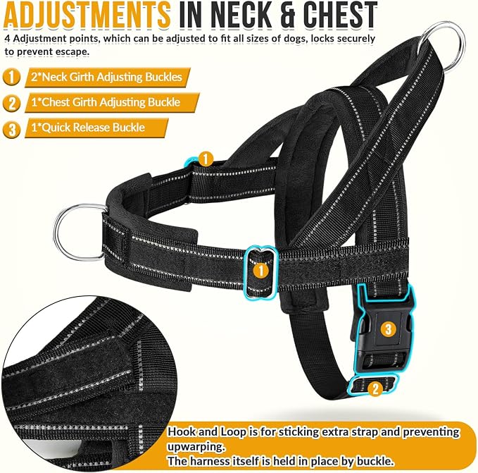 SlowTon No Pull Dog Harness with Front Clip - Heavy Duty, Soft Padded | Neck & Chest Adjustable, Tactical Pet Vest and Leash Set for Large Medium Sized Dogs, for Easy Walk & Training, Black XL