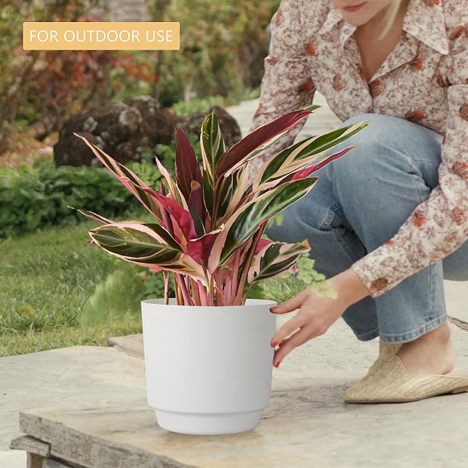 kubvici Plant Pots for Indoor Plants, 2 Pack 10 Inch Plant Pot Plastic Flower Pots Planters with Drainage Saucer for Indoor Outdoor Garden Home (10" Green & White)