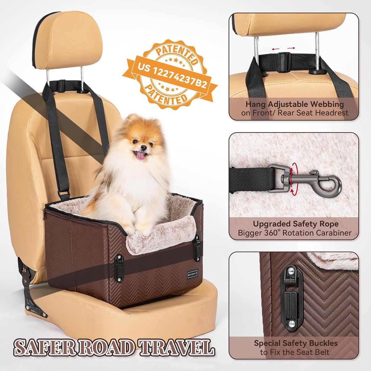 PETSFIT Car Seat for Dogs, Waterproof PU Leather Dog Car Seat for Small Dogs with Patent Safe Buckles, Clip-On Leash, Pet Travel Carrier Bed for Small Pets Up to 25lbs (Brown)