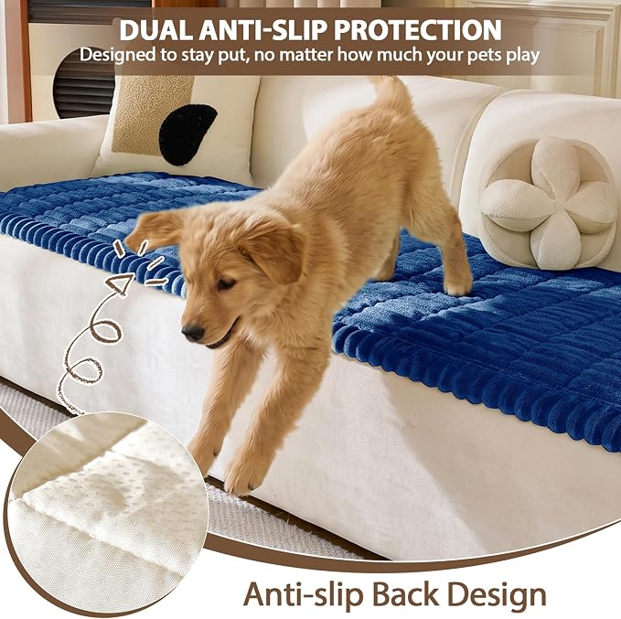FUANGUI 2 Pack Waterproof Couch Cover for Dogs Pets Sofa Protector | Non-Slip Washable Fuzzy Soft Sofa Slipcover for 2 PCS L Shaped Sofa Pet Friendly, 27.6" x 59.1"+27.6" x 70.9", Navy Blue