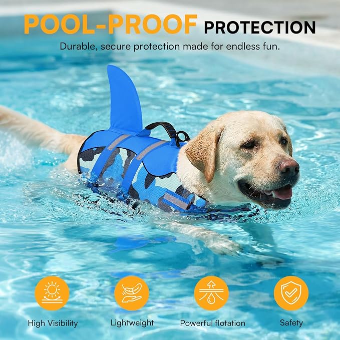 Dog Life Jacket Ripstop Dog Shark Safety Vest Adjustable Preserver with High Buoyancy and Durable Rescue Handle for Small,Medium,Large Dogs, Blue Camouflage Large