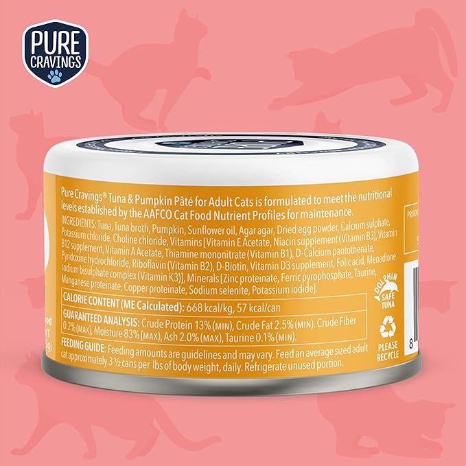 Pure Cravings Tuna and Pumpkin Pate, Canned Wet Cat Food, 100% Mercury-Tested, Moist Can Fish, Grain-Free Protein, Non-GMO, 12 Pack