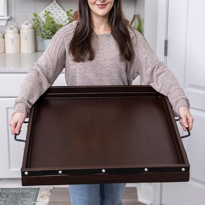24"x24" Extra Large Square Ottoman Tray, Heavy Duty Mango Wood, for Serving Tea, Breakfast in Bed, Living Room Large Coffee Table Tray Rustic with Farmhouse Style, Decorative Handles and Accent Strap