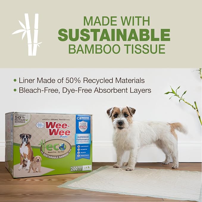 Four Paws Wee-Wee Superior Performance Eco Bamboo Dog Pee Pads, 32 Count | Earth friendly, bleach-free, dye-free, dog & puppy potty training pads, leak-proof, 24-hour protection pee pads, 22" x 23"
