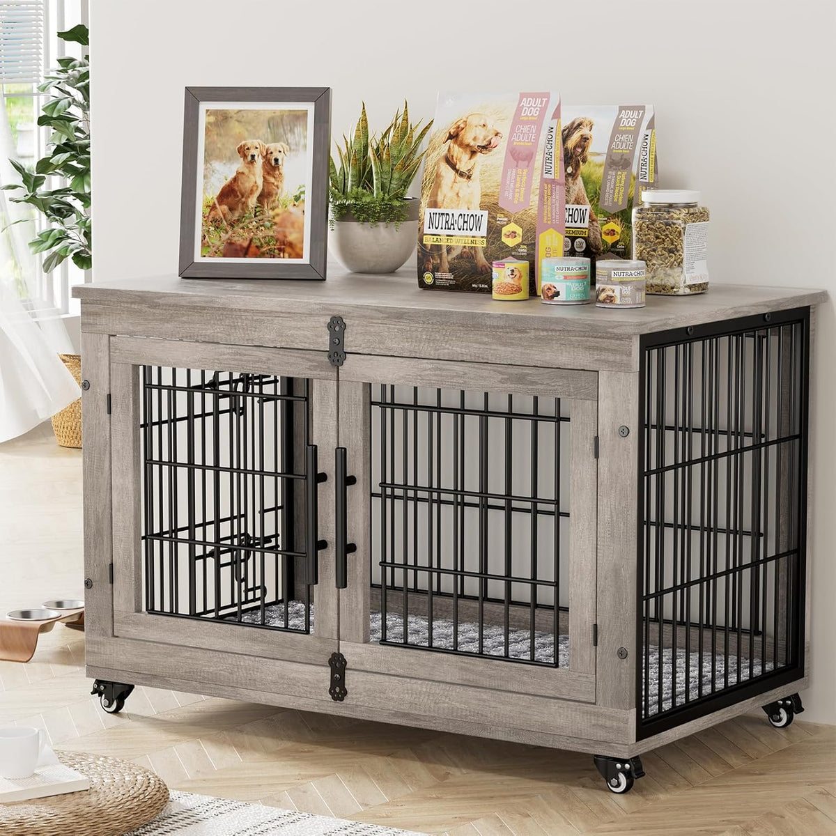 Lulive Large Dog Crate Furniture, 38'' Wooden Dog Crate End Table, Double Door Dog Kennel Indoor with Cushion & Wheels, Decorative Dog Cage House Chew-Resistant for Large/Medium, Grey