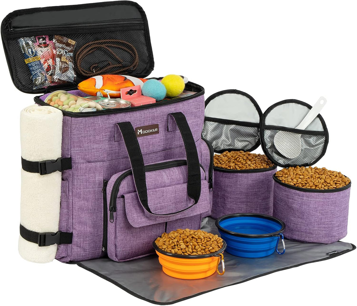 Modoker Dog Travel Organizer Carriers for Supplies & Accessories, Airline Approved Cat Pet Travel Bag, 2 Collapsible Bowls, 2 Travel Dog Food Container, Purple