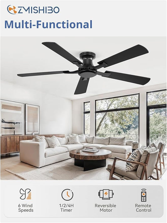 ZMISHIBO 52 Inch Ceiling Fan No Light, Flush Mount Low Profile, Modern Black