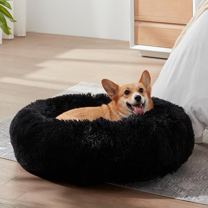 Western Home Calming Donut Small Medium Pet Dog Bed Washable,27" Black | Fluffy Faux Fur Round Cuddler,Anti-Anxiety,Anti-Slip Bottom,Plush Pet Dog Beds for Small Medium Sized Dogs,Up to 35 LBS