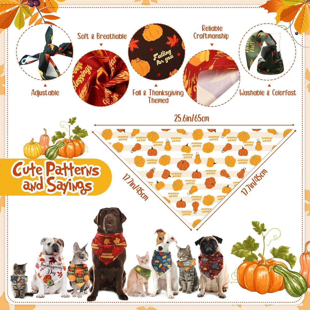 Abbylike 50 Pcs Fall Dog Bandanas Bulk Pet Scarfs Triangle Bibs Adjustable Washable Puppy Kerchief Seasonal Pet Costume Accessories Grooming Supplies for Small Medium Large Dogs Cats
