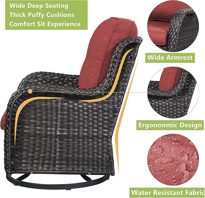 Rilyson Wicker Rocking Chair Swivel Chairs – 6 Piece Rocker Patio Furniture Set Rattan Rocking Bistro Sets with Glass Top Side Table for Outdoor Porch Deck Garden Backyard(Brown/Red)