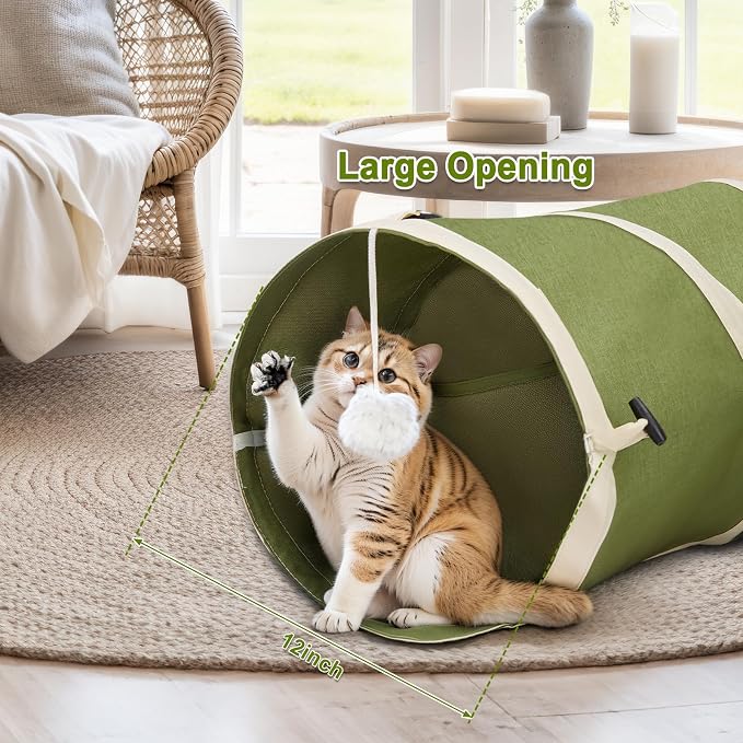 Ownpets Cactus Cat Tunnel 12" with Peek Holes for Indoor Large Cat, Green | Durable Oxford fabric, noise-free, foldable & connectable, multi-cat friendly, tube for cats up to 20lb, includes ball & wand
