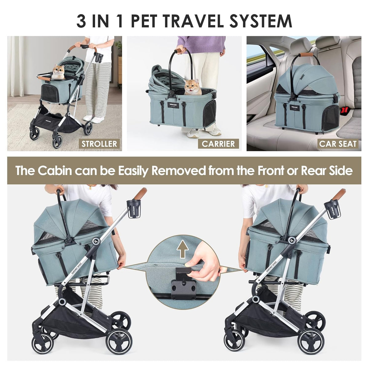 T3 Pro 3-in-1 Small Pet Stroller for Dog & Cats, 4 Wheels with Detachable Carrier with Pad, Canopy and Cup Holder, Green