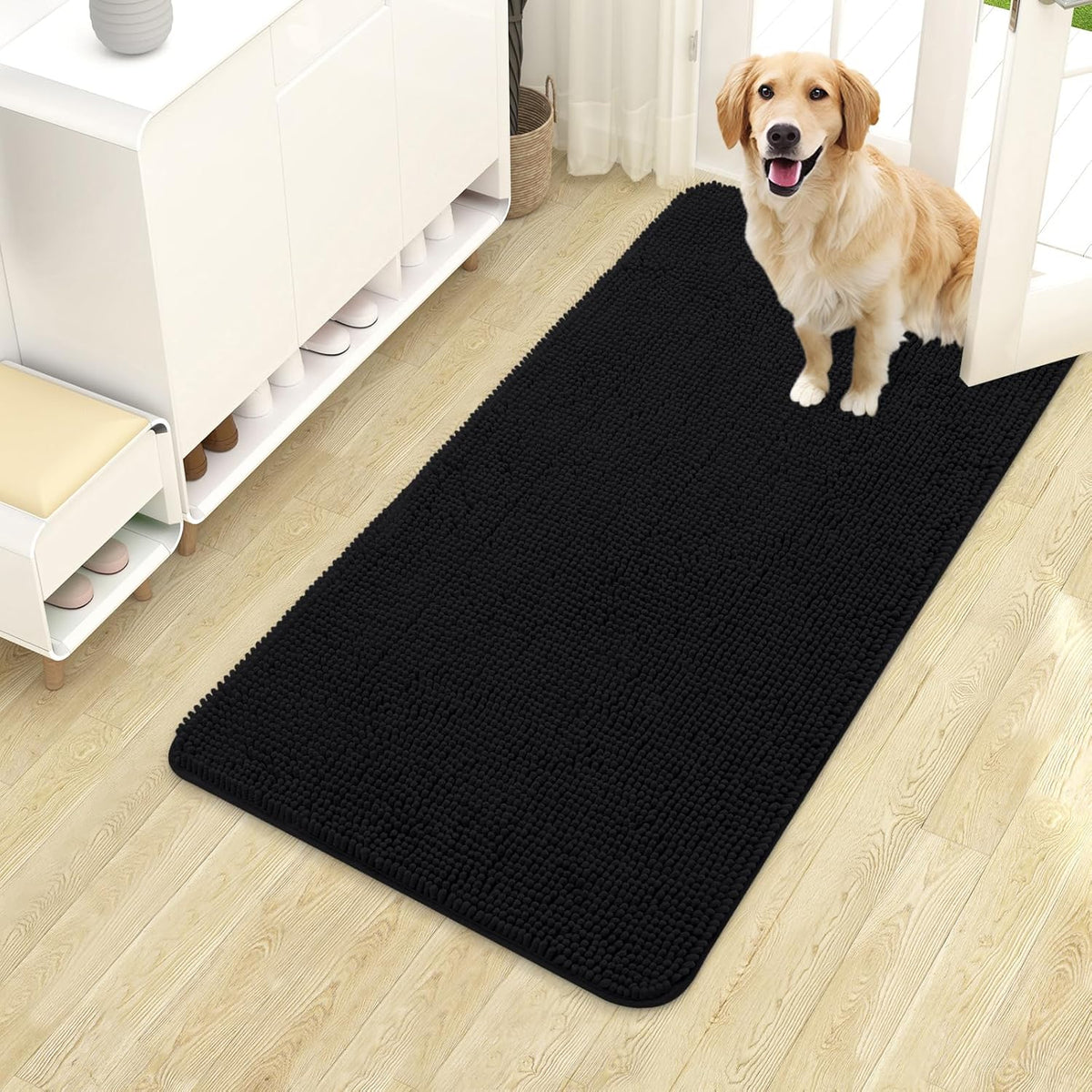 OLANLY Dog Door Mat for Muddy Paws 40x24, Absorbs Moisture and Dirt, Absorbent Non-Slip Washable Doormat, Quick Dry Chenille Mud Mat for Dogs, Entry Indoor Entryway Carpet for Inside Floor, Black