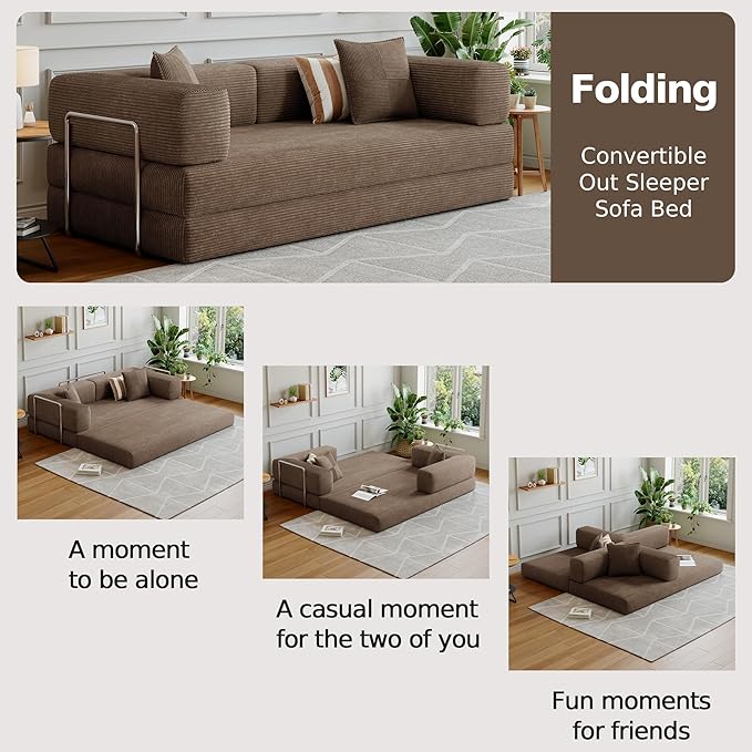 78.8''Convertible Sleeper Sofa Bed,Compressed Floor Boneless Couch,Modular Modern Corduroy Sofa for Living Room Bedroom -with Fixed-Shape Frame and Support Armrest,Easy Assembly(Brown)