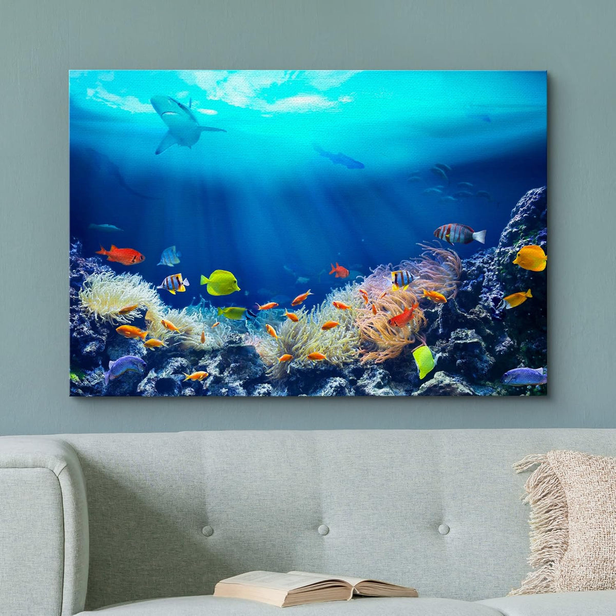 wall26 Canvas Print Wall Art Shining Sunlight Coral Reef Shark & Fish Nature Animals Photography Realism Rustic Scenic Landscape Wilderness Earth Colorful for Living Room, Bedroom, Office - 24"x36"