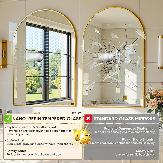 Arched Mirror 24"x36", Bathroom Mirror, Wall Mounted Vanity Mirror