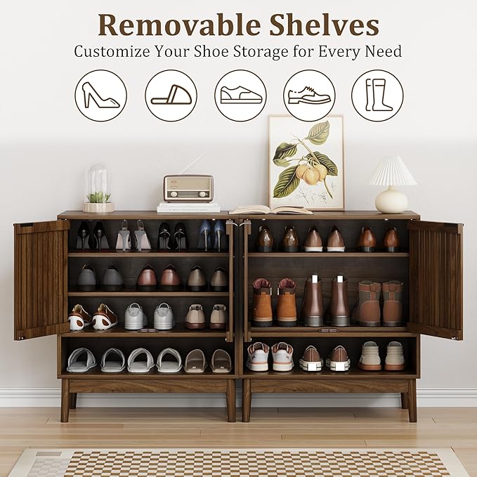 Shoe Cabinet with Slatted Doors, 4 Tier Freestanding Shoe Cabinet Storage
