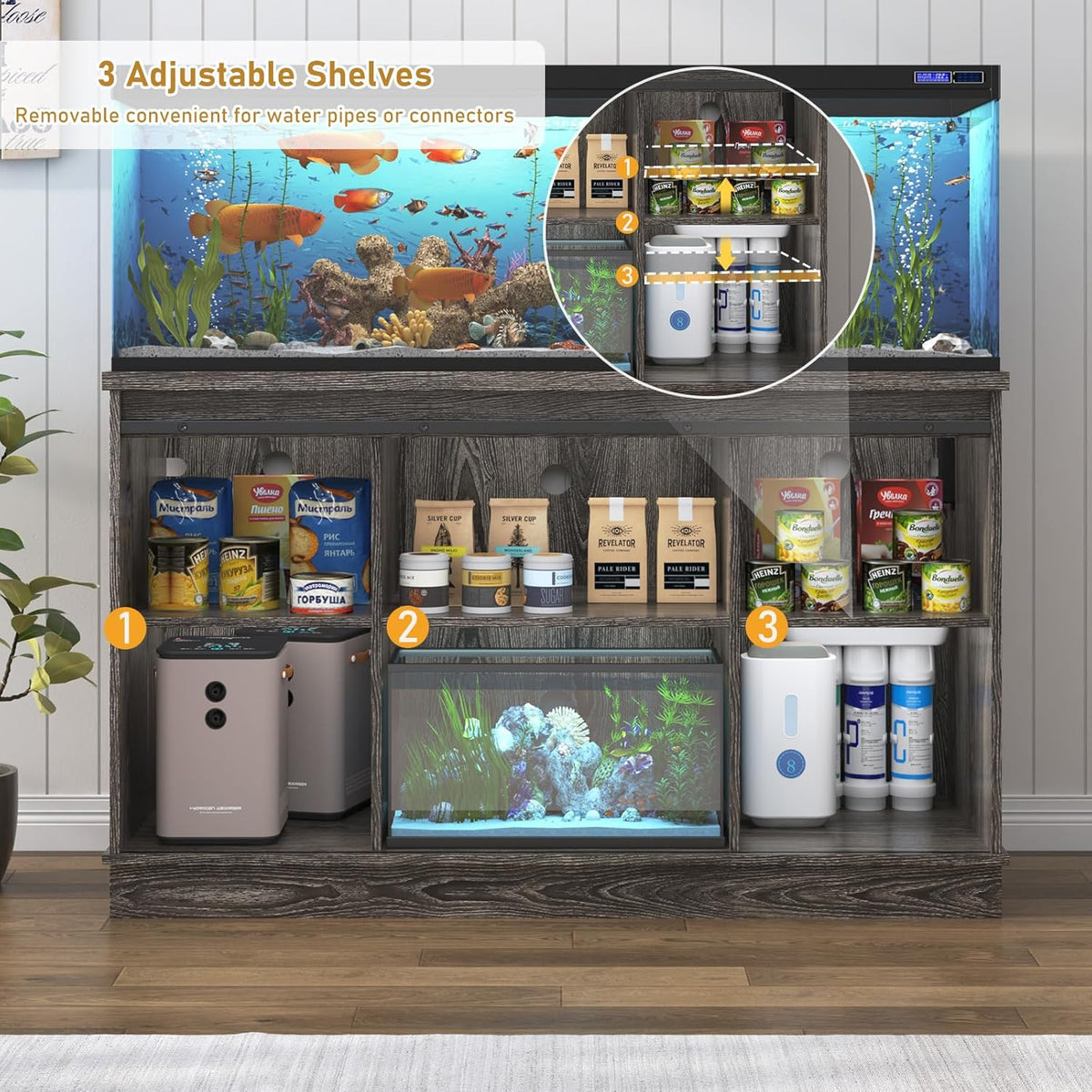 Farmhouse 55-75 Gallon Fish Tank Stand with Power Outlet, Aquarium Stand with Cabinet&Sliding Barn Door, Heavy Duty Reptile Tank Stand for 2 Fish Tank/Turtle Tank/Reptile Terrarium, Grey