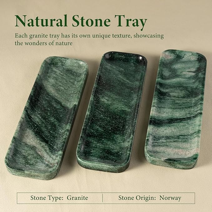 Koville Marble Tray for Bathroom Sink, 12"x4" Natural Stone Vanity Tray for Kitchen Dresser Countertop, Rectangular Decorative Marble Tray for Jewelry Perfume Trinket(Green)