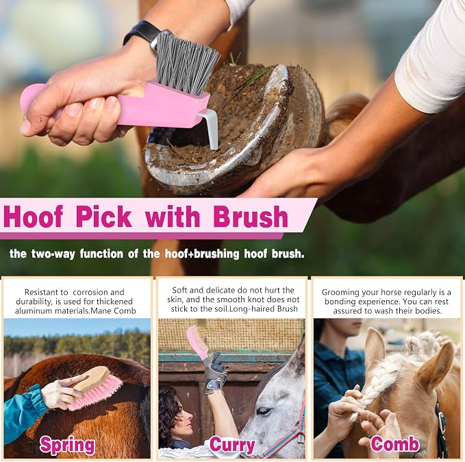 Abbylike 12 Pieces Horse Grooming Kit Racing Festival Tack Room Supplies Horse Brush Sets Equine Care Cleaning Kit Shedding Grooming Massaging Tools(Pink and Grey)