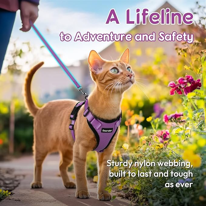 Dooradar Cat Harness and Leash Set, Escape Proof Safe Adjustable Kitten Vest Harnesses for Walking, Easy Control Soft Breathable Mesh Jacket with Reflective Strips for Cats, Purple, XS