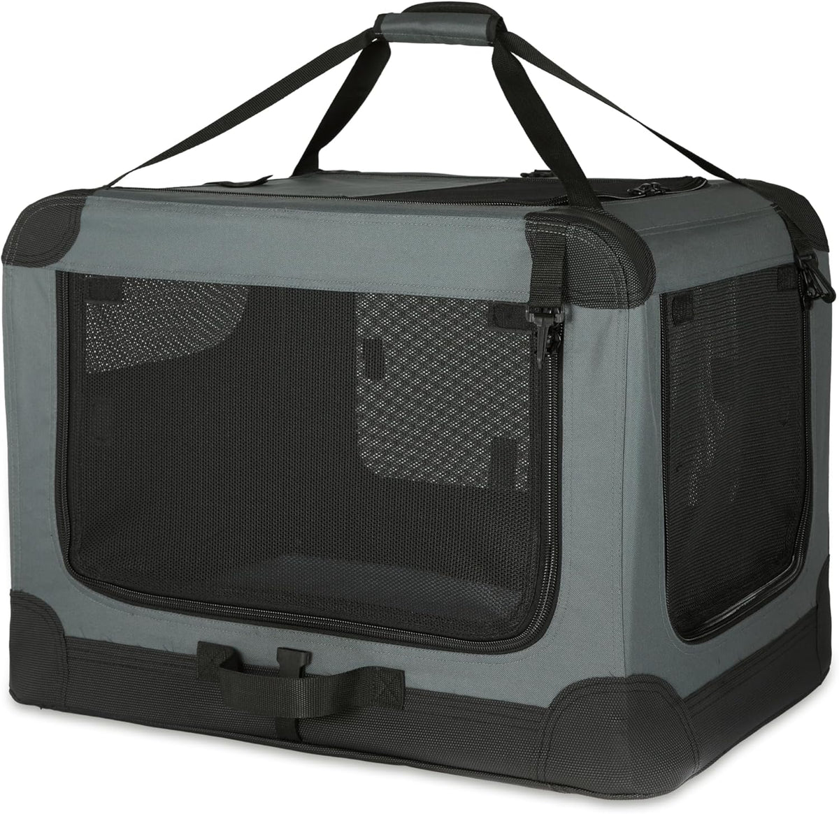 Amazon Basics 4-Doors Portable Soft-Sided Folding Travel Crate Kennel for cat, Dog, and Other Small Animals, Grey, S 26" x 18" x 18"