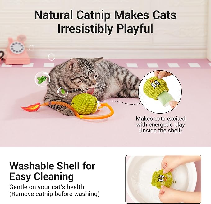 Potaroma Interactive Cat Toy with Motion Sensor, Chirping Sound & Catnip – Funny Grenade Design with Mesh Tail, Rechargeable Smart Rolling Ball for Bored Indoor Kittens & Adult Cats 3 Inches