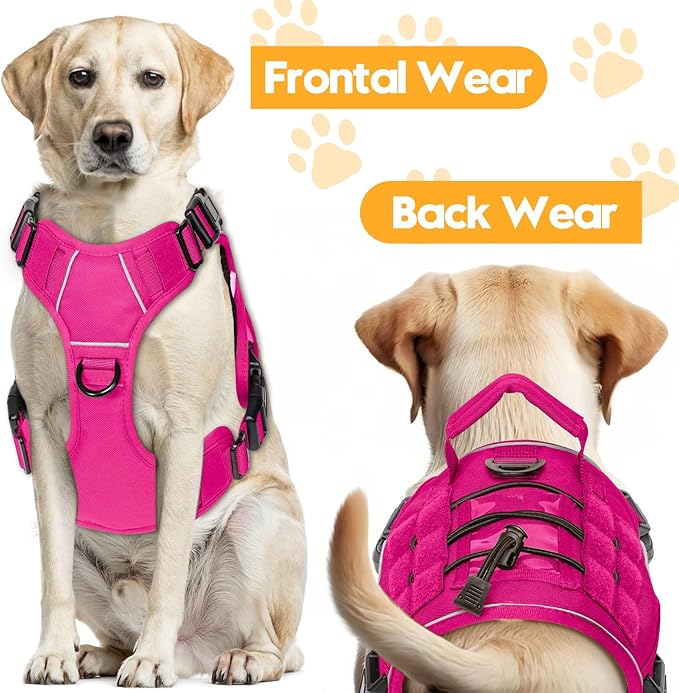 Heavy-Duty Tactical Dog Harness for Large Dogs, No Pull Adjustable Reflective Pet Vest with Molle System, K9 Military-Grade Control for Service Training, Outdoor & 10+ Breeds, Hot Pink, Medium
