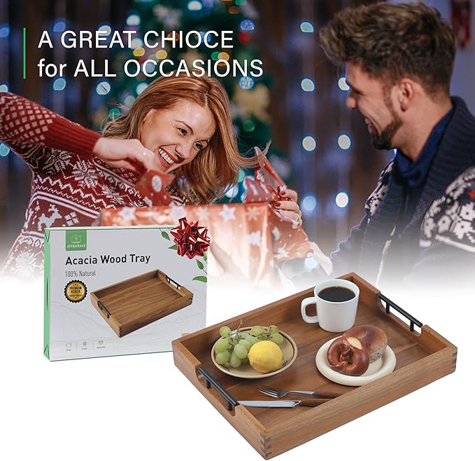 Joy&Grace Ottoman Tray for Living Room 16.7 x 12.8 inch Large Acacia Wooden Serving Tray with Handles for Coffee Table, Breakfast in Bed, Food Dinner, Decorative Rectangular Tray (Color Natural)