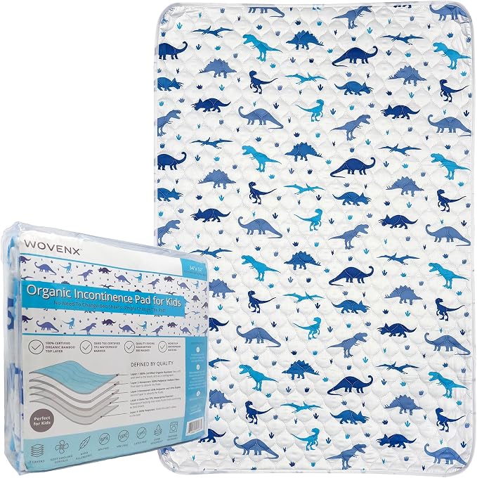 Organic Incontinence Pads for Kids & Toddlers - 5 Layer Waterproof Protectors for Overnight Bed Wetting - Reusable & Washable Pee Pads - Fits Twin to Full Size Beds - 34" x 52" Dinosaur