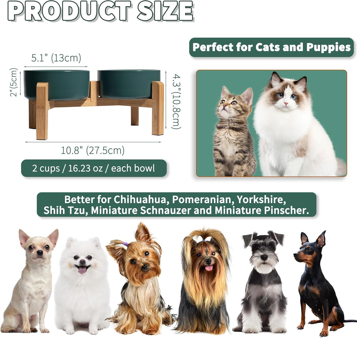 Elevated Ceramic Dog Bowl Set - Raised Feeding Bowls with Non-Slip Bamboo Stand - Small Pet Dishes for Food and Water - Ideal for Cats and Puppies - 16.23 OZ - 2 Cups - 480 ML