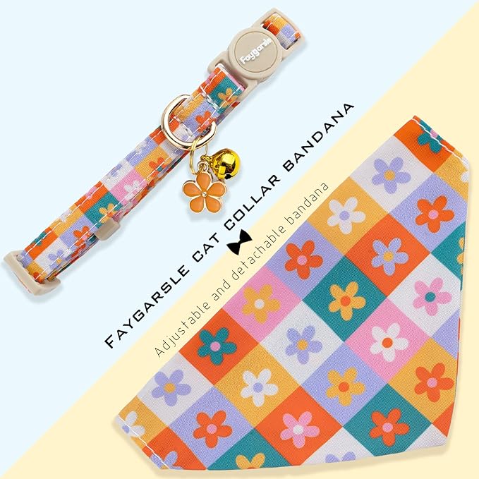 Faygarsle 2 Pack Floral Pattern Cat Collar Set with Bandana and Bow Tie, Breakaway Safety Buckle, Colorful Checkered Design