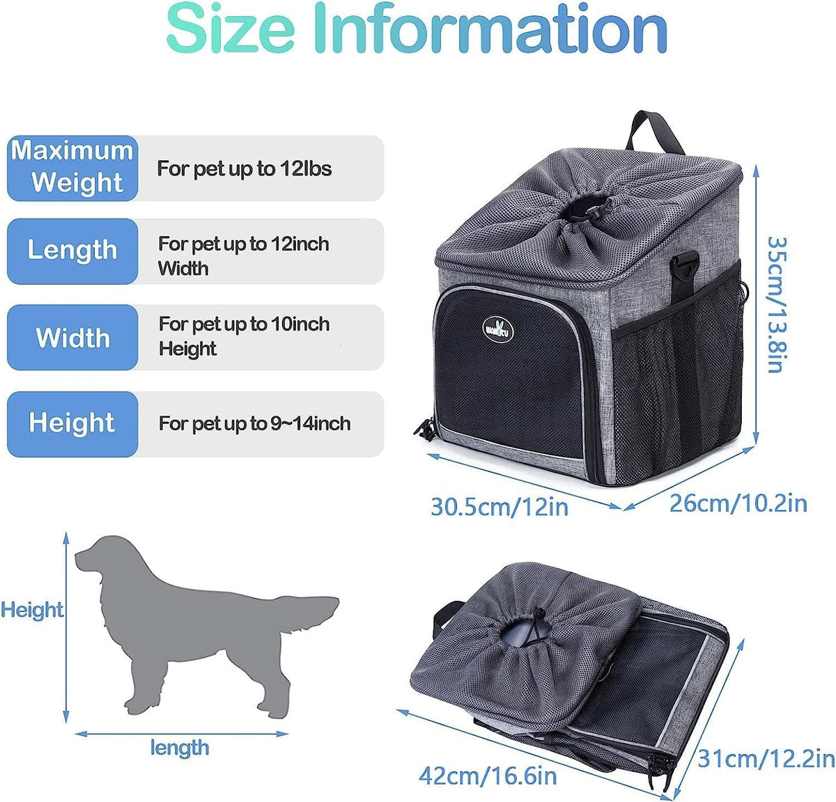 Dog Bike Basket Carrier, Pet Bicycle Front Carrier Backpack for Bike Riding Foldable Removable, Reflective Strips, 2 Side Storage Pockets, Pet Travel Bag for Cats Small Dogs