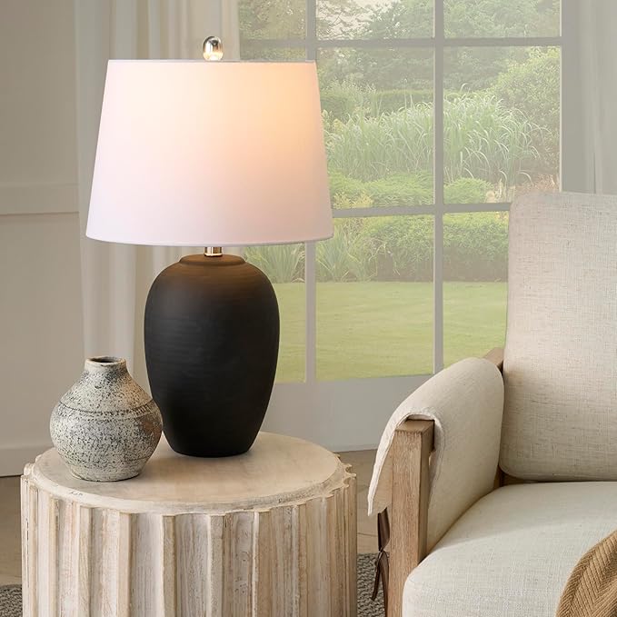 Nourison Home 23" Black Vintage Distressed Ceramic Pot Table Lamp for Bedroom, Living Room, End Table, with White Tapered Drum Shade