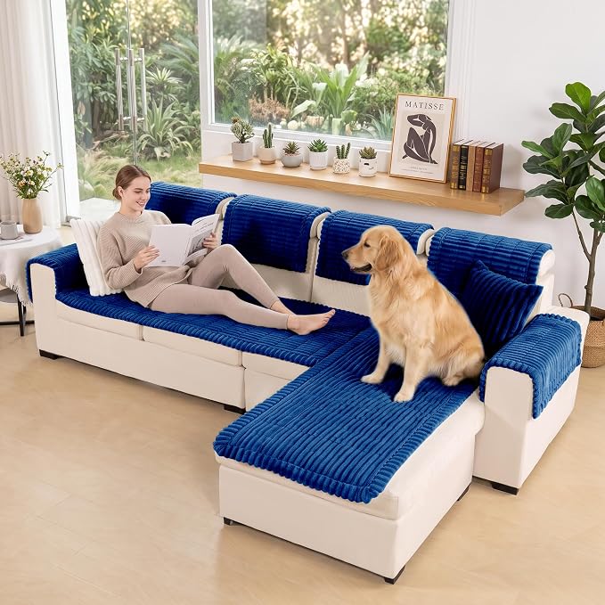 FUANGUI 2 Pack Waterproof Couch Cover for Dogs Pets Sofa Protector | Non-Slip Washable Fuzzy Soft Sofa Slipcover for 2 PCS L Shaped Sofa Pet Friendly, 27.6" x 59.1"+27.6" x 70.9", Navy Blue