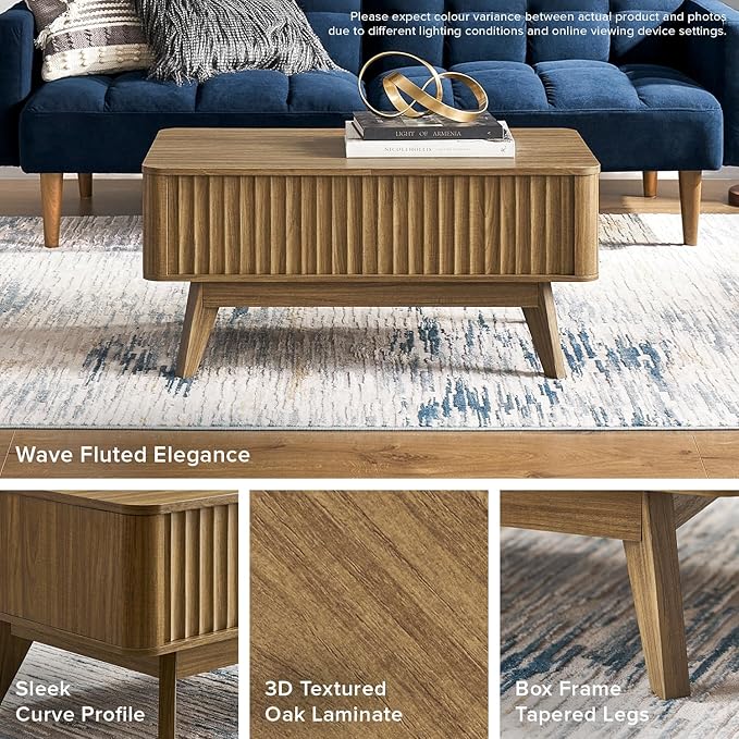 mopio Brooklyn Lift Top Coffee Table for Living Room, Mid Century, Modern Farmhouse with Lifting Tabletop & Hidden Storage, Fluted Panel, Rising Pull Up Dining Table (Walnut)